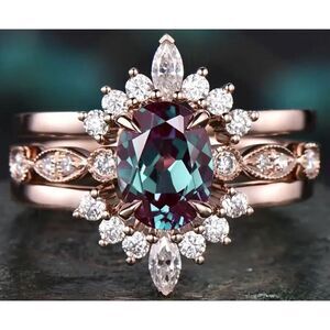 3 PC Alexandrite Engagement Ring Set Wedding Rose Gold Fashion Metal Unknown 7